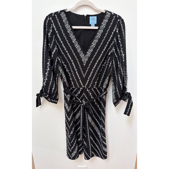 CeCe Black & White Floral Stripe V-Neck Long Sleeve Belted Dress Size 10 Polyest - Picture 1 of 6